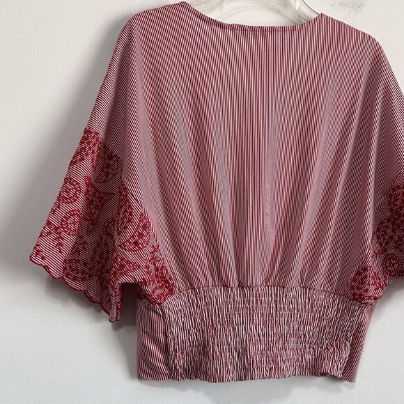 Zara Top M Surplice Crop Smocked Red Stripe Embroidered Half Sleeve Popover Boho - Picture 8 of 10